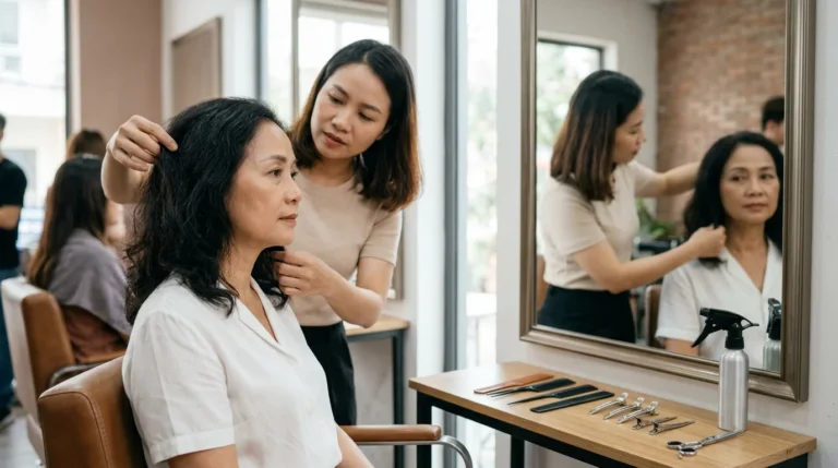 Người phụ nữ lớn tuổi ngồi ghế salon, thợ tóc đứng bên chỉnh tóc cho cô ấy trước gương trong không gian tiệm tóc.