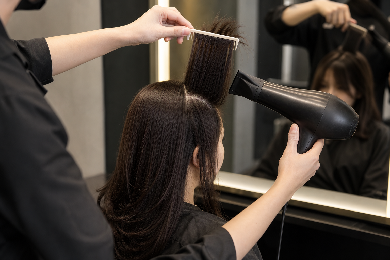 Thợ làm tóc dùng lược và máy sấy để sấy một lọn tóc đang được nâng lên trong salon.
