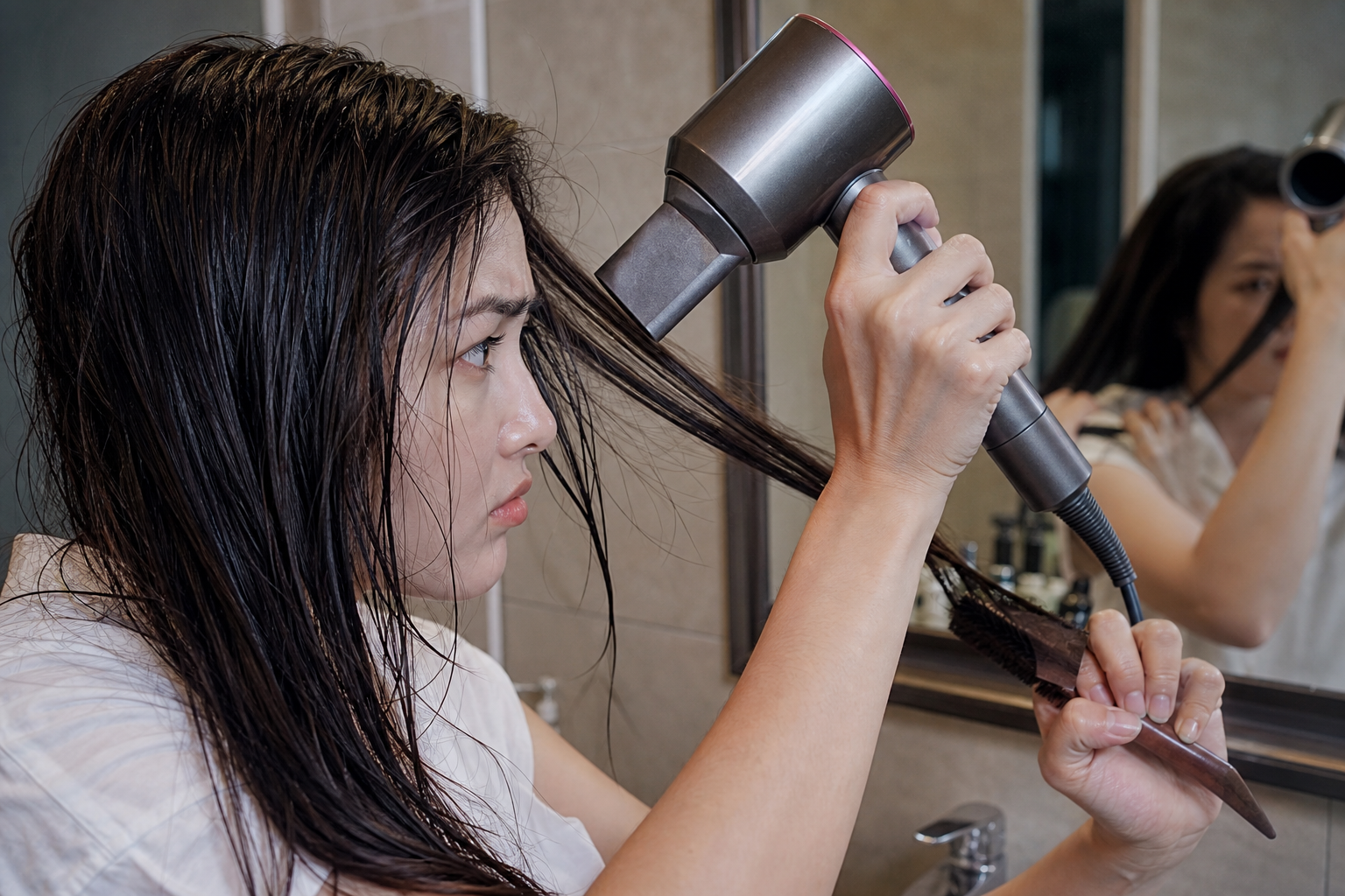 Người phụ nữ đang dùng máy sấy tóc để sấy và kéo từng lọn tóc ướt trong phòng tắm.