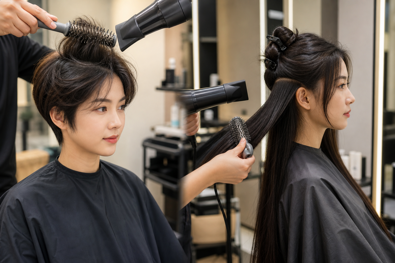 Hai kiểu tóc ngắn và tóc dài đang được sấy tạo kiểu bằng lược tròn và máy sấy trong salon.