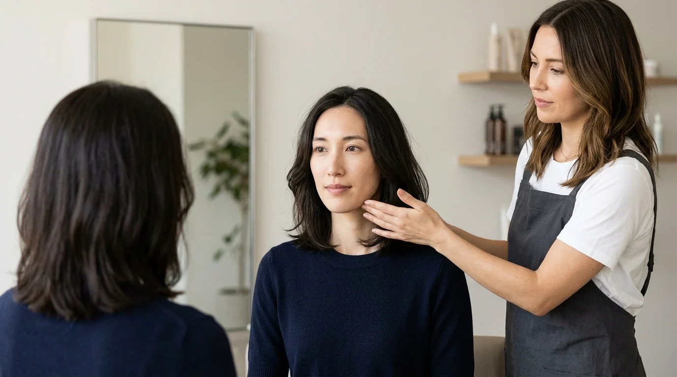 Nhà tạo mẫu tóc chỉnh tóc cho khách nữ ngồi trước gương trong salon, với kiểu tóc dài ngang vai ôm mặt