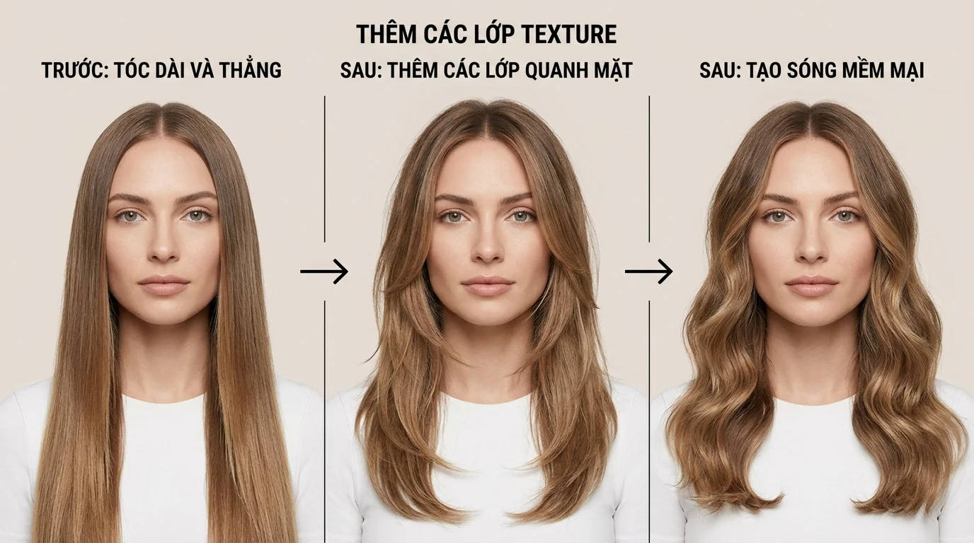 Ba kiểu tóc dài thẳng, tỉa lớp quanh mặt và uốn sóng mềm trên cùng một gương mặt.