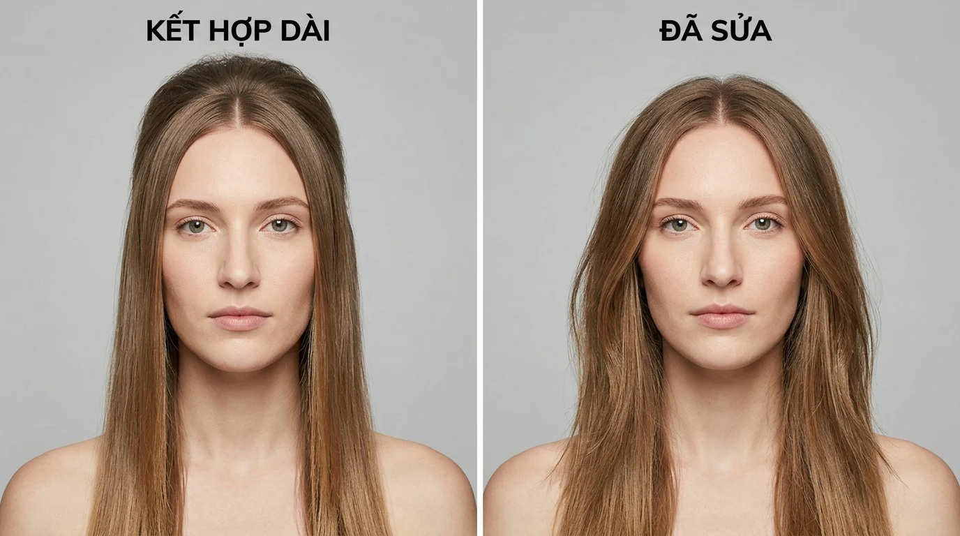 Hai ảnh chân dung so sánh kiểu tóc dài rẽ giữa và tóc dài có độ phồng, người mẫu nhìn thẳng về phía trước.