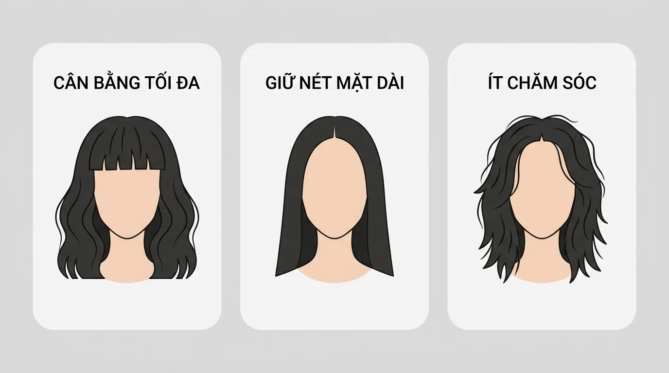 Ba kiểu tóc cho mặt dài gồm mái ngang, tóc thẳng dài và tóc layer ngắn, đặt cạnh nhau trên nền trắng.