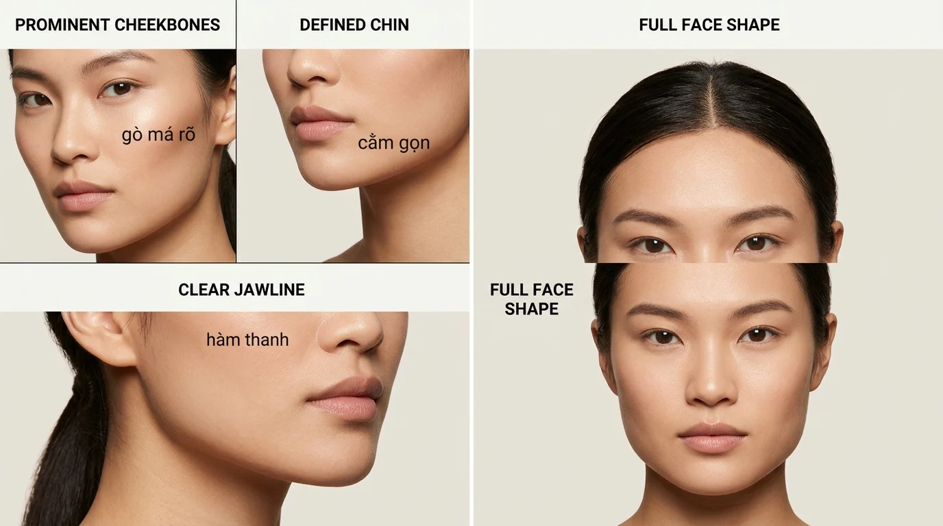 Khuôn mặt phụ nữ được chia ô, nhấn mạnh gò má rõ, cằm gọn và hàm thanh trong một bố cục so sánh mặt trái xoan.