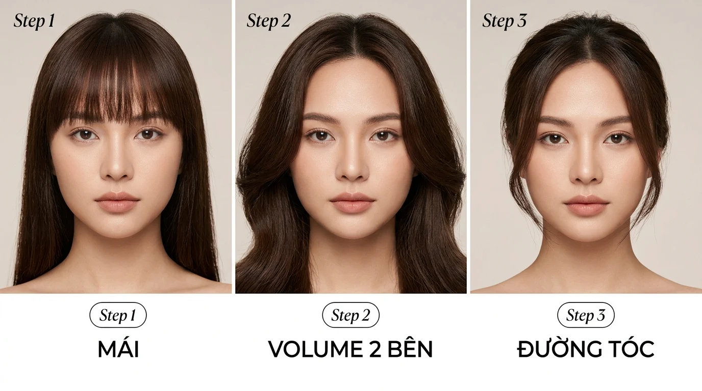 Ba khuôn mặt nữ với kiểu tóc khác nhau: mái bằng, tóc bồng hai bên và tóc buộc gọn, tạo cảm giác khuôn mặt thay đổi