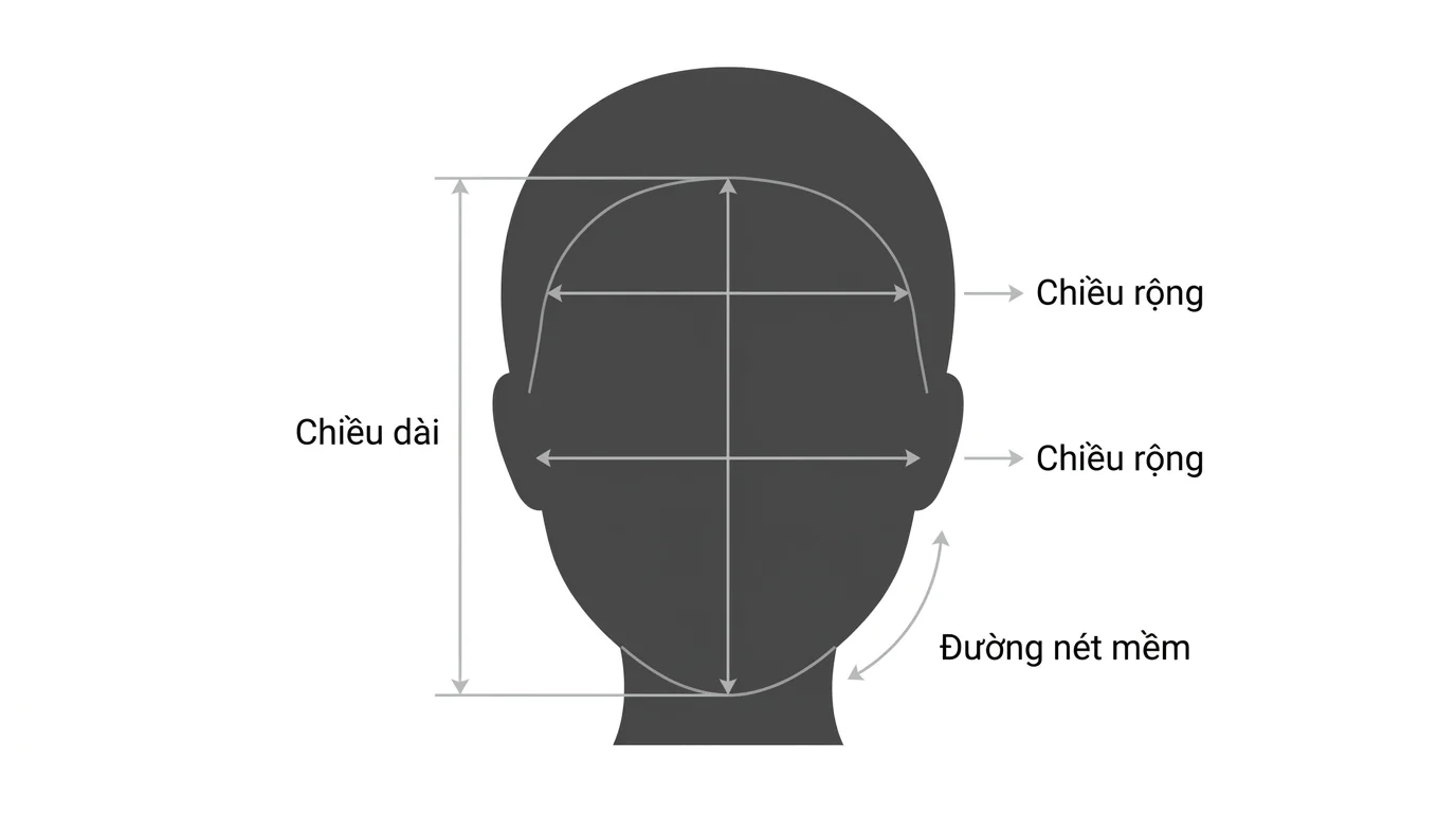 Sơ đồ khuôn mặt với các mũi tên đo chiều dài, chiều rộng và đường nét mềm của mặt tròn