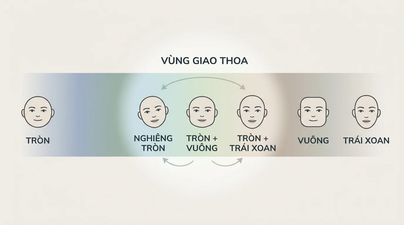 Sơ đồ các dáng mặt với vùng giao thoa giữa mặt nghiêng tròn, tròn + vuông và tròn + trái xoan.
