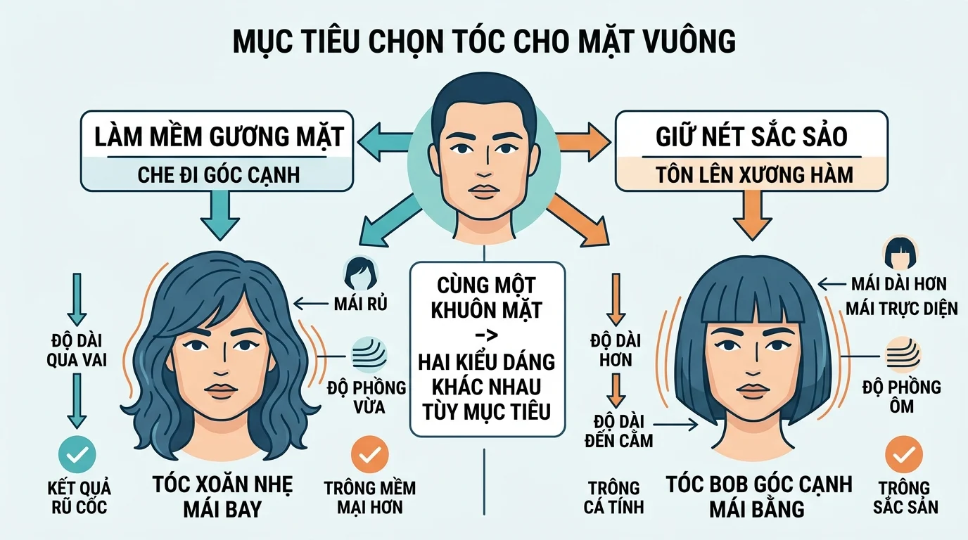 Infographic về mục tiêu chọn tóc cho mặt vuông, so sánh tóc xoăn nhẹ mái bay và tóc bob góc cạnh mái bằng.
