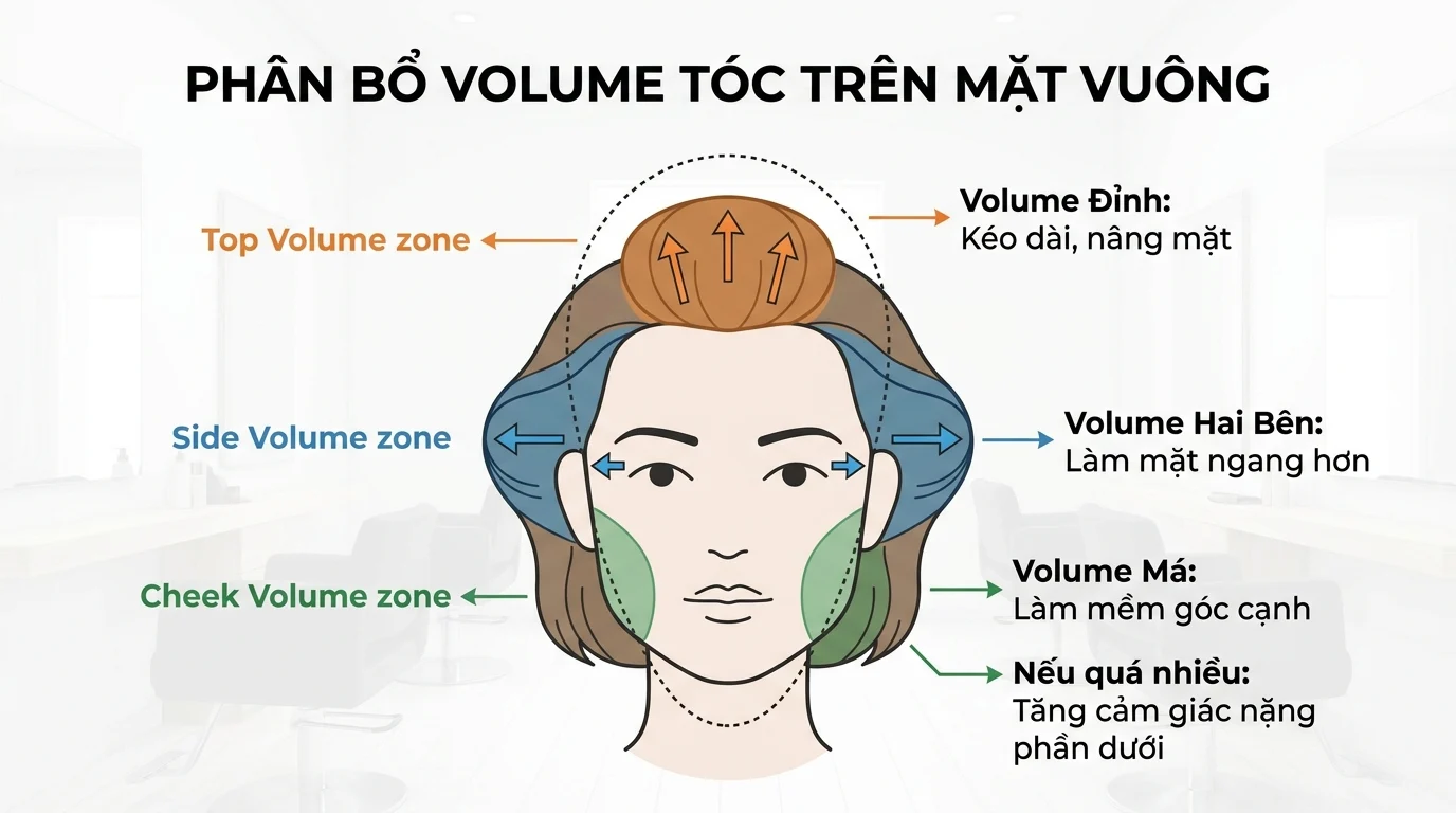 Sơ đồ phân bố volume tóc trên khuôn mặt vuông, với các vùng đỉnh, hai bên và má được đánh dấu bằng màu và mũi tên.
