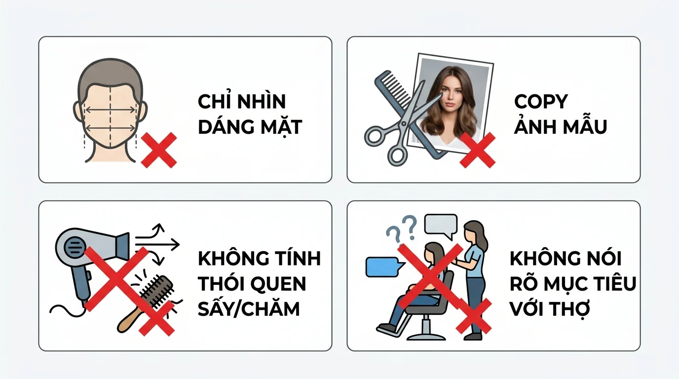 Bảng bốn ô minh họa các lỗi chọn kiểu tóc, gồm chỉ nhìn dáng mặt, copy ảnh mẫu, không tính thói quen sấy chải và không nói rõ với thợ.