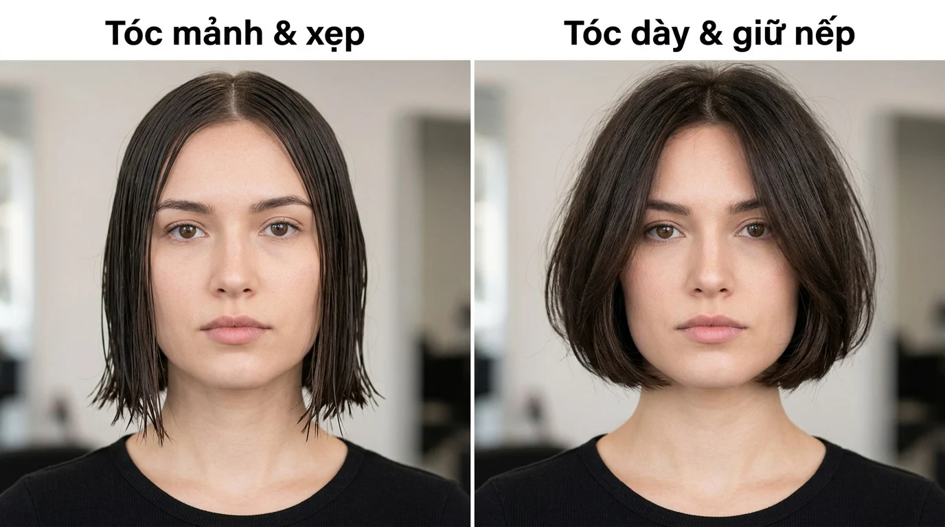 Hai kiểu tóc ngắn trên cùng một gương mặt, bên trái tóc mảnh và xẹp, bên phải tóc dày và giữ nếp hơn