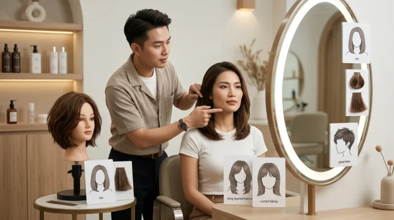 Một người đàn ông đang tư vấn tóc cho phụ nữ ngồi trước gương, xung quanh có các thẻ kiểu tóc và mẫu tóc ngắn