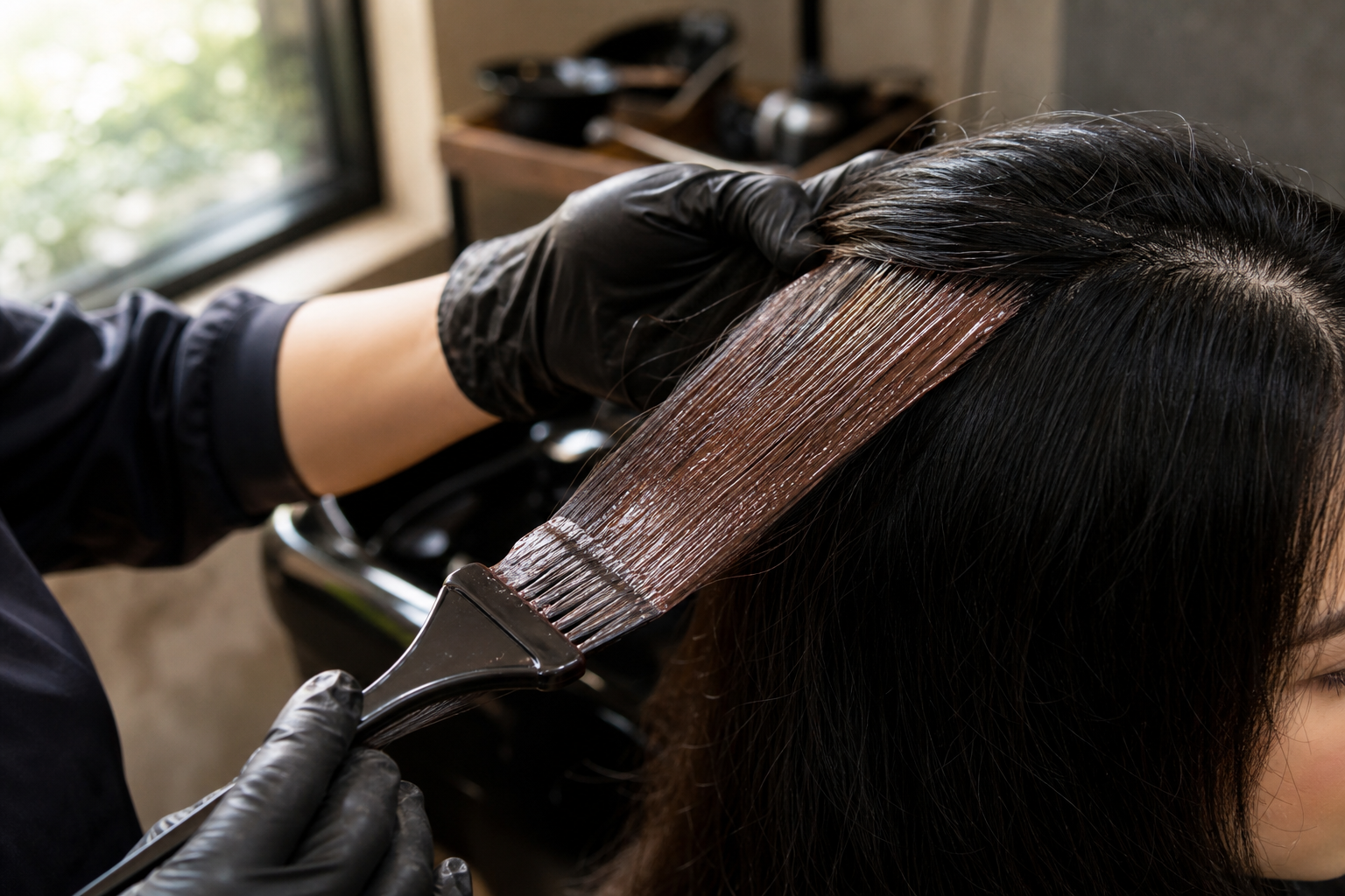 Thợ làm tóc đang quét màu tóc nâu lên lọn tóc đen của khách bằng cọ nhuộm trong salon