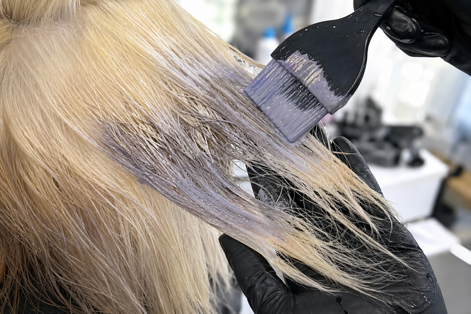 Thợ làm tóc đang quét thuốc nhuộm tím lên lọn tóc vàng sáng trong salon.