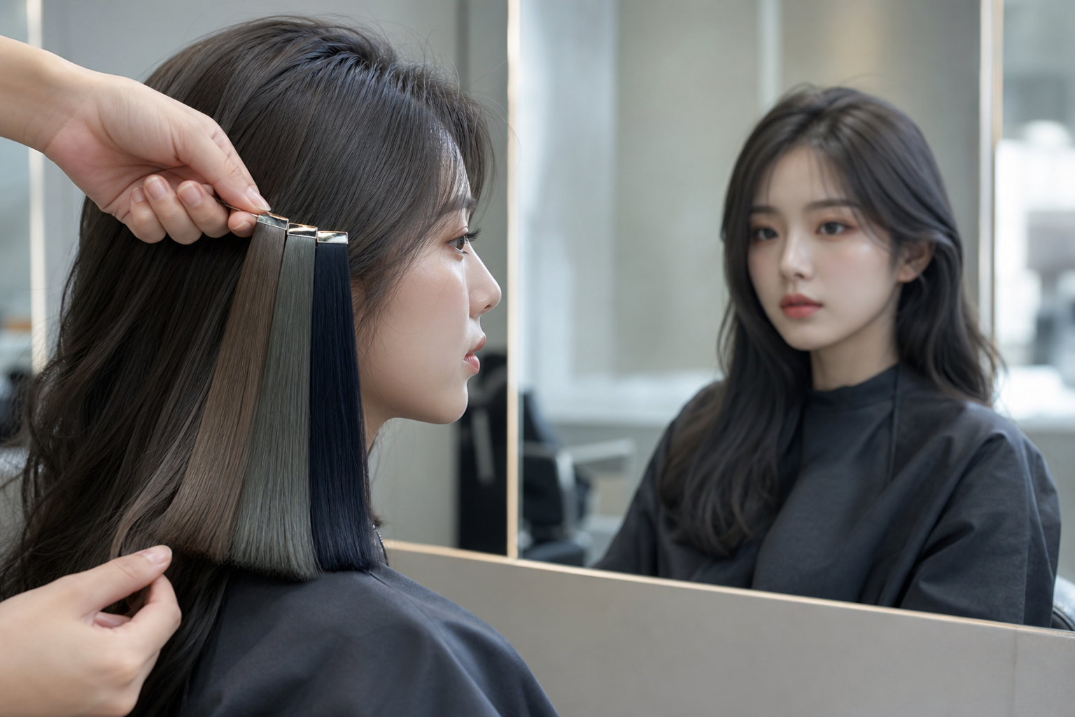 Mẫu tóc ngắn đang được kẹp các lọn nhuộm màu lạnh khác nhau trước gương trong salon