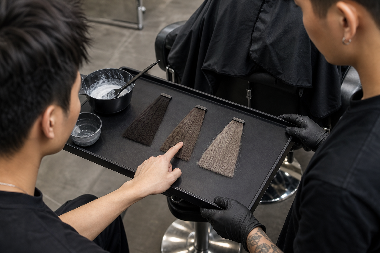 Ba người đang xem các mẫu tóc nam màu khác nhau trên khay tại salon, một người chỉ tay vào dải tóc sáng màu hơn.