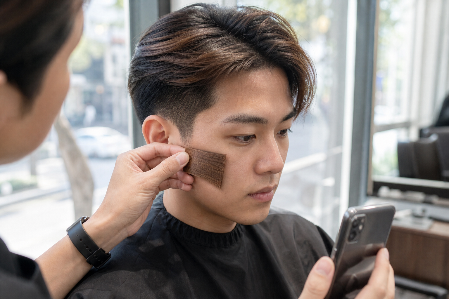 Thợ cầm bảng màu tóc áp lên má một chàng trai ngồi ghế salon và nhìn điện thoại trong lúc thử màu tóc.