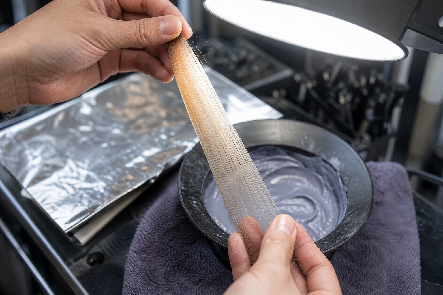 Hai bàn tay đang cầm một lọn tóc đã tẩy sáng bên cạnh bát thuốc nhuộm và giấy bạc trong salon tóc.