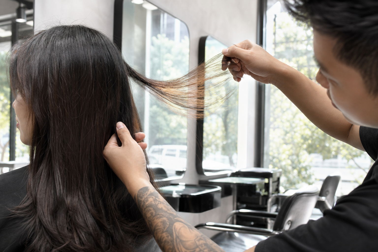 Thợ làm tóc đang kéo một lọn tóc nâu của khách trong tiệm salon, cho thấy phần tóc bắt sáng hơn dưới ánh cửa sổ.