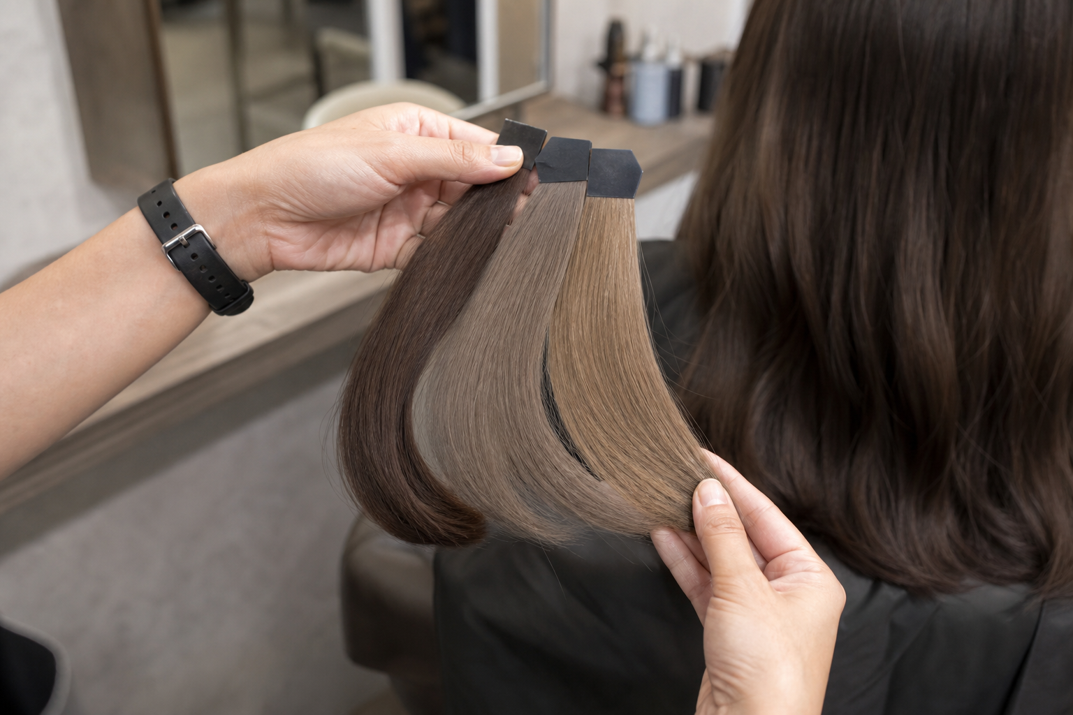 Hai bàn tay cầm ba lọn tóc nhuộm với các tông nâu khác nhau trong salon, cạnh mái tóc dài của khách