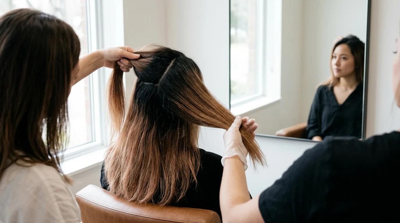 Thợ làm tóc đang nâng một lọn tóc để kiểm tra nền tóc nâu chuyển dần từ chân đen sang phần ngọn sáng hơn trong salon.
