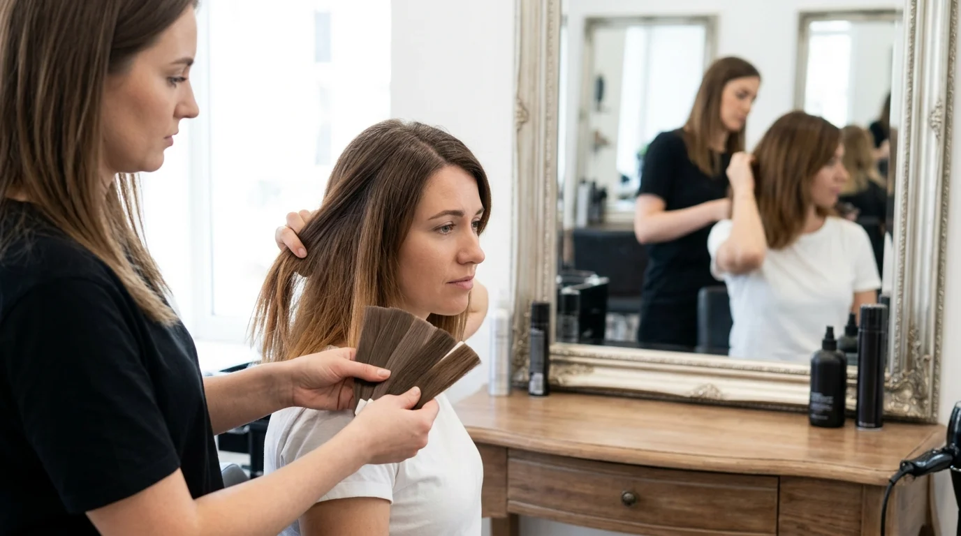 Thợ làm tóc đang so sánh các mẫu màu nâu bên cạnh mái tóc nâu của khách trong salon.