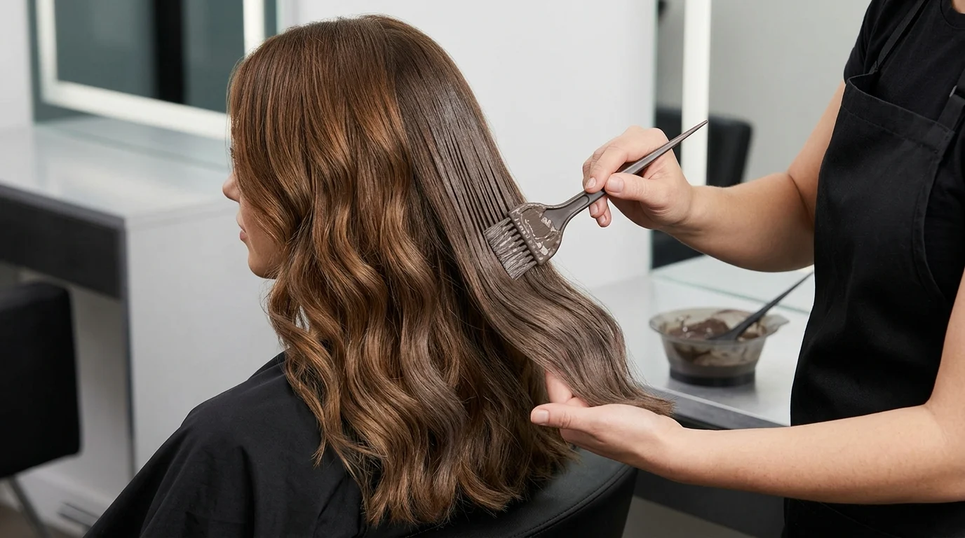 Thợ nhuộm đang quét thuốc lên tóc nâu dài của khách trong tiệm salon, tạo lớp màu sáng và mượt ở phần đuôi tóc.