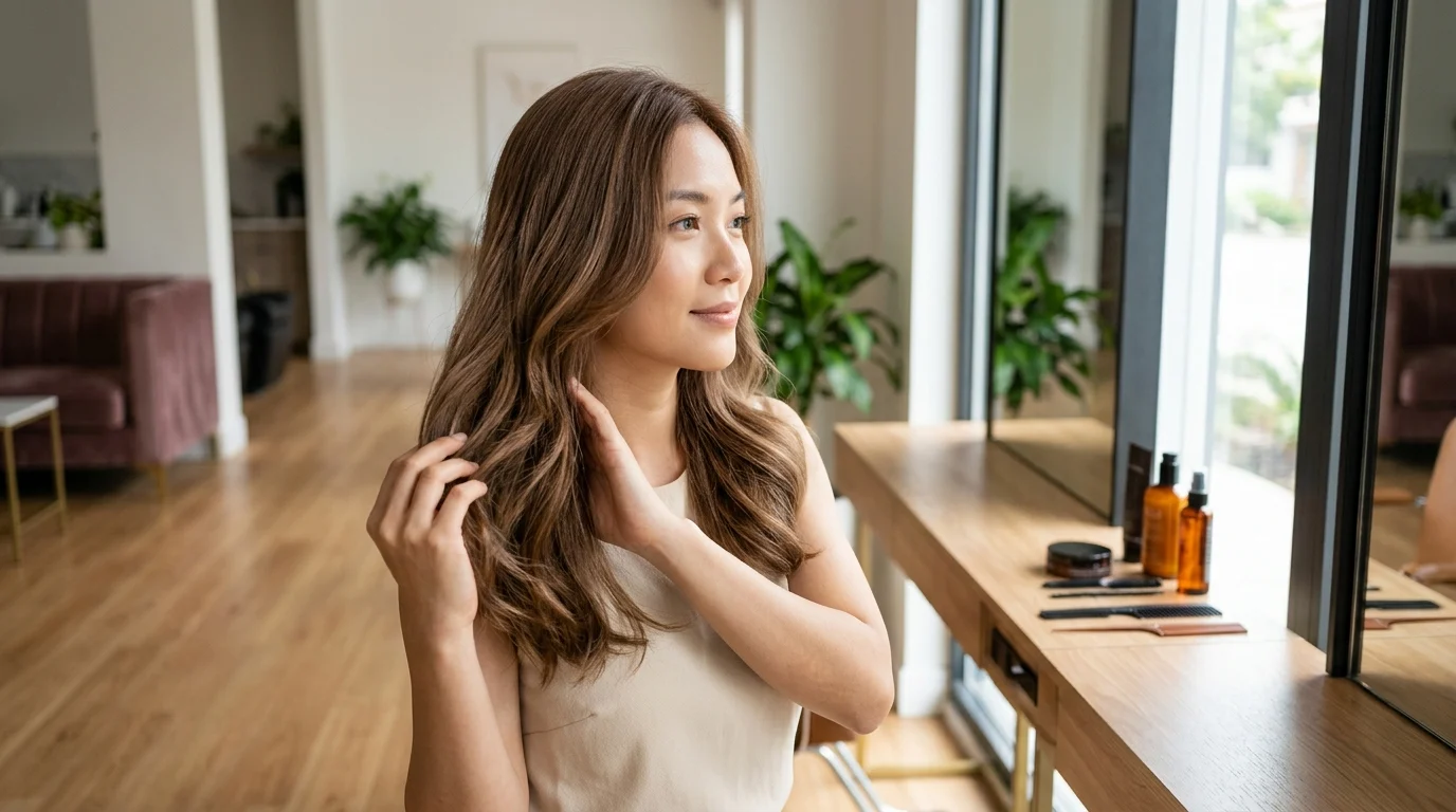Người phụ nữ với mái tóc nâu dài đứng trong salon và chạm nhẹ vào tóc