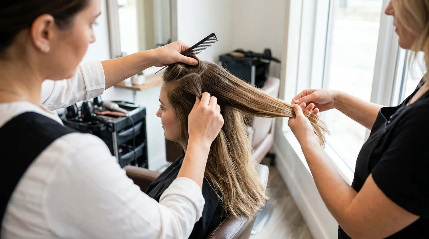 Nhà tạo mẫu đang kiểm tra và chia tóc cho một khách ngồi ghế salon, chuẩn bị nhuộm tóc màu nâu tây