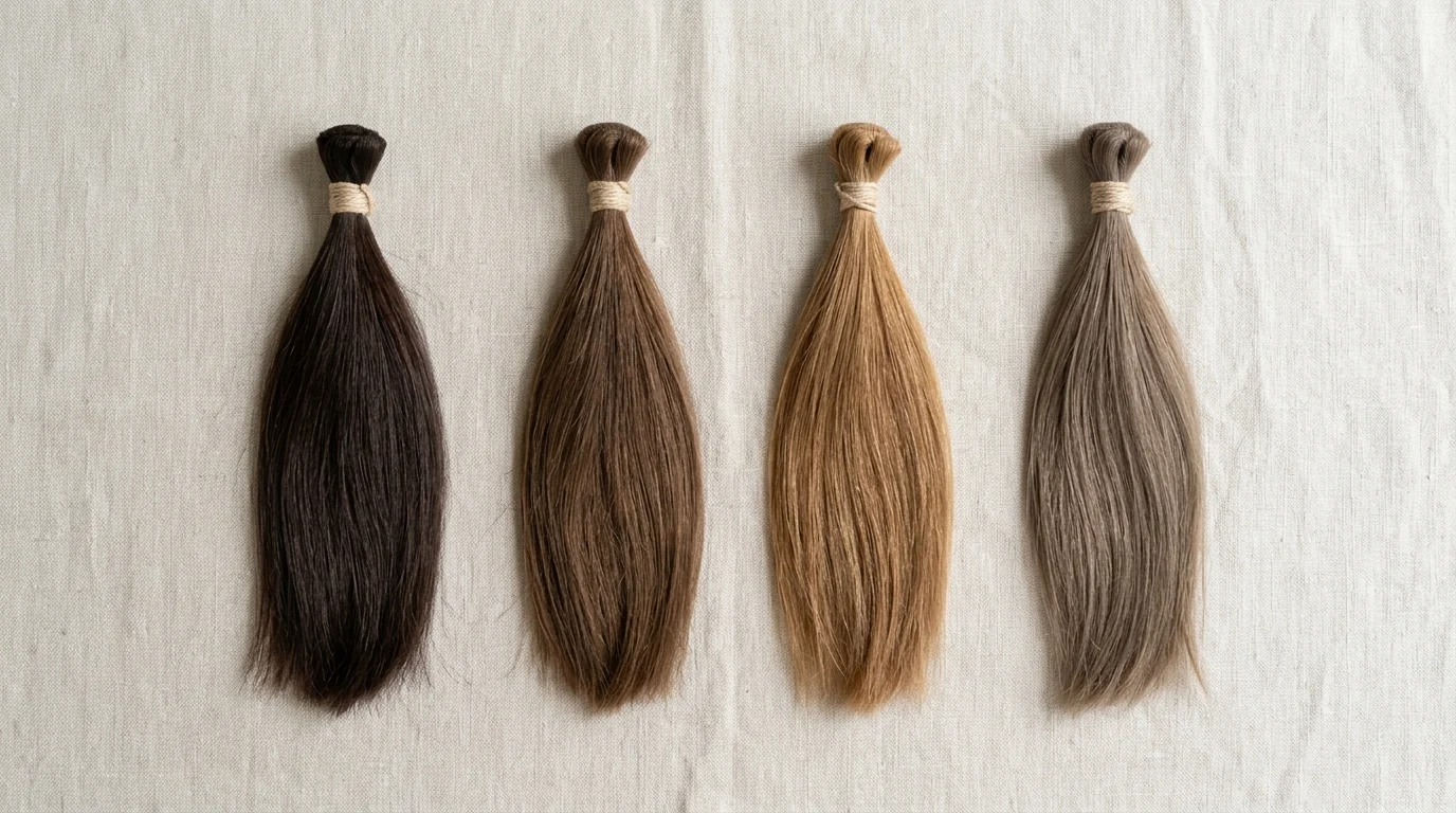 Bốn lọn tóc buộc gọn với bốn tông nâu khác nhau, sắp hàng trên nền vải sáng để so sánh màu tóc