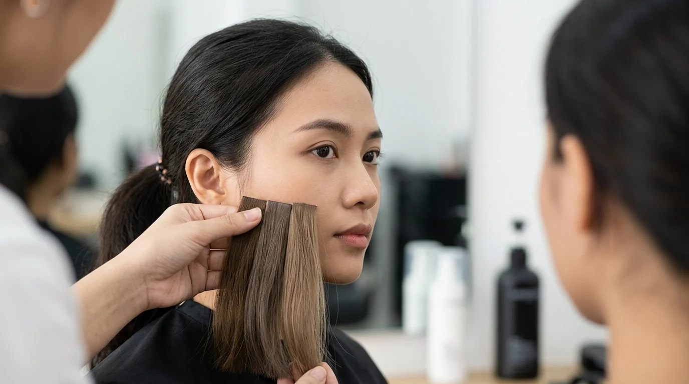 Người mẫu ngồi trong salon để so sánh các mẫu tóc nhuộm màu nâu tây với hai tông nâu khác nhau