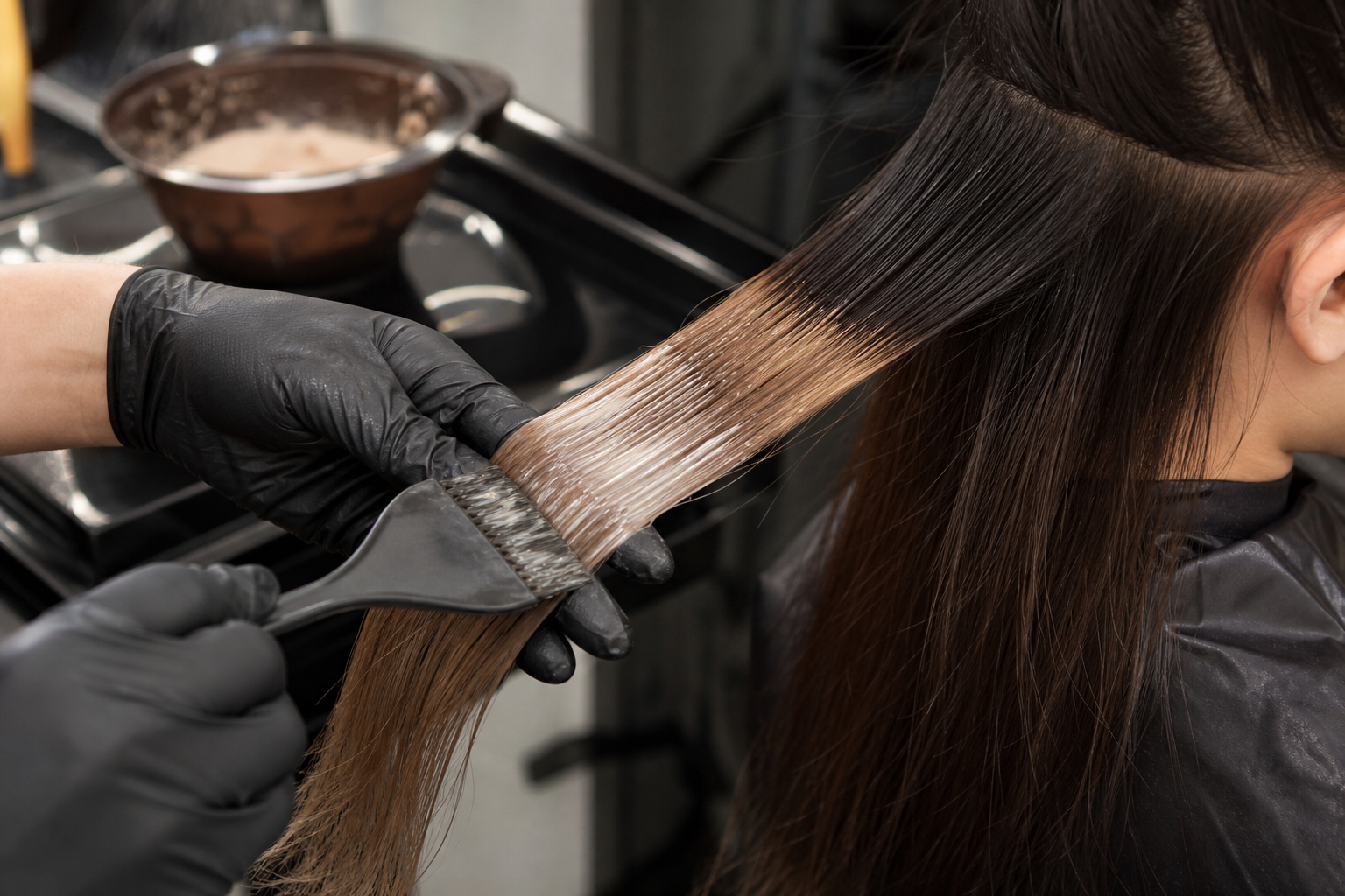 Thợ làm tóc đang bôi thuốc nhuộm lên lọn tóc màu nâu sáng da của khách trong salon