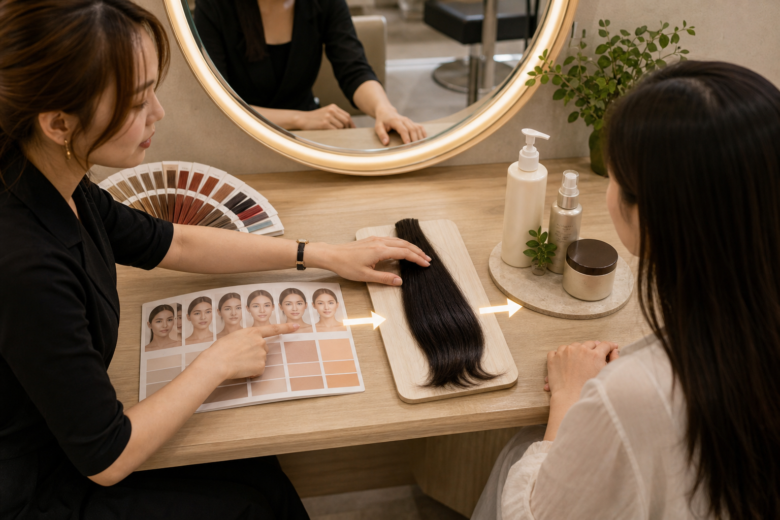 Hai người đang xem bảng màu tóc, một người chỉ vào mẫu bảng và lọn tóc đặt trên bàn trong salon.