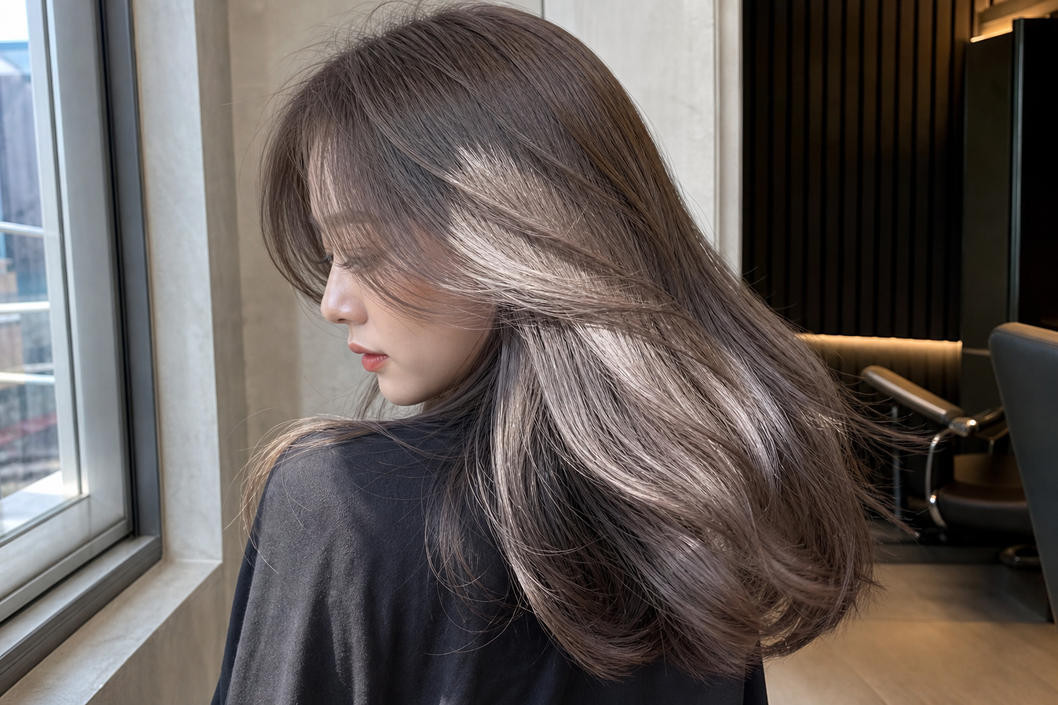 Người phụ nữ có mái tóc nâu lạnh dài, uốn nhẹ, ngồi nghiêng cạnh cửa sổ trong không gian salon hiện đại.