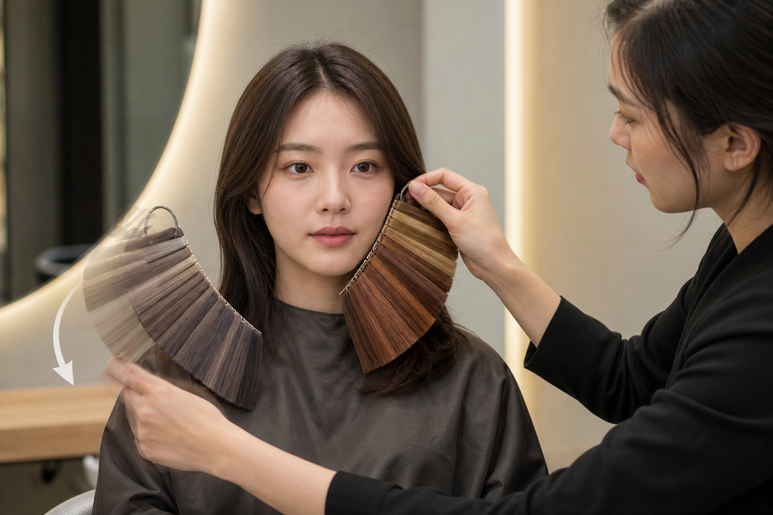 Người mẫu ngồi trong salon khi thợ tóc cầm hai bảng màu tóc sáng và tối ở hai bên khuôn mặt.