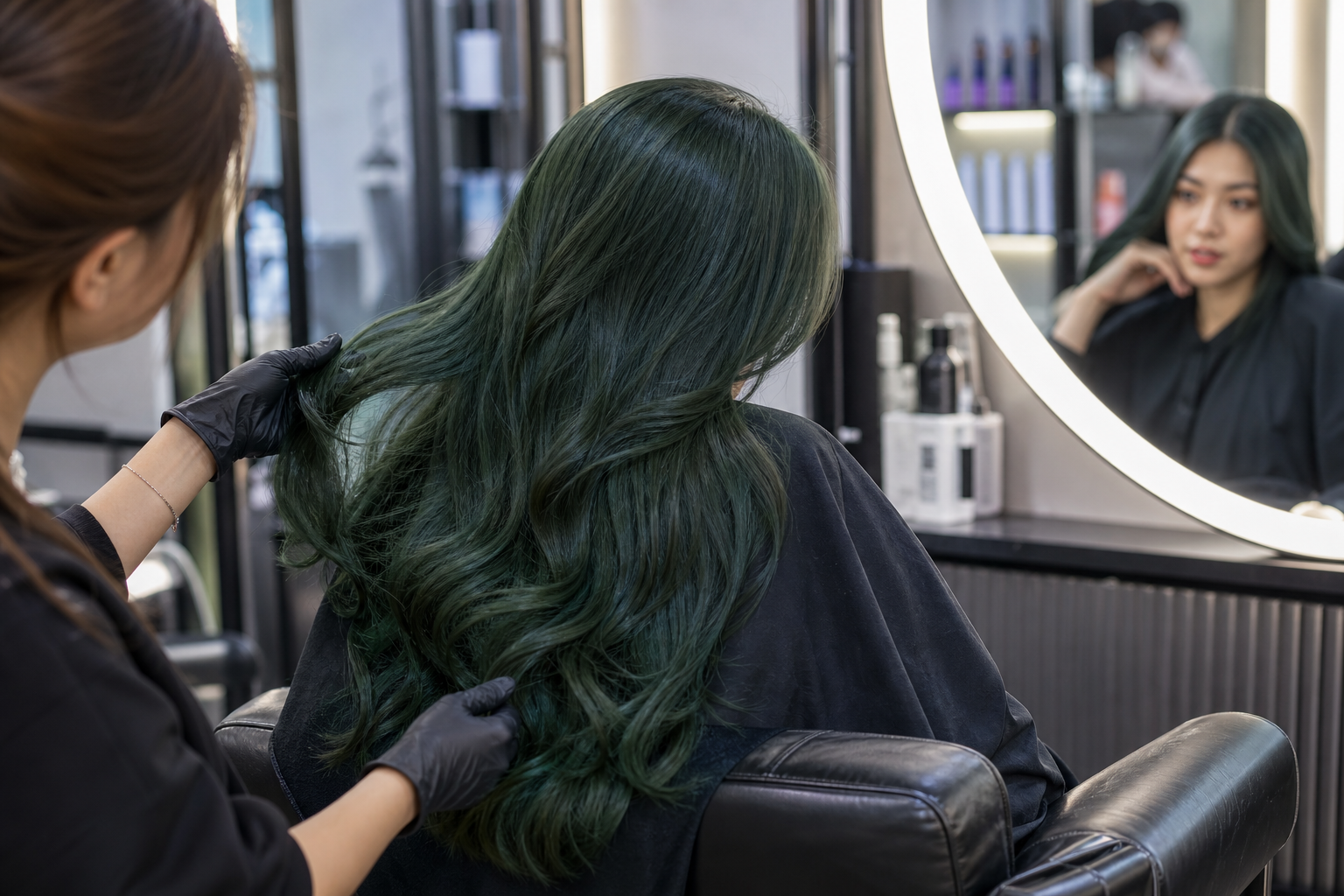 Thợ làm tóc chỉnh mái tóc xanh rêu gợn sóng của khách trong ghế salon, trước gương tròn lớn