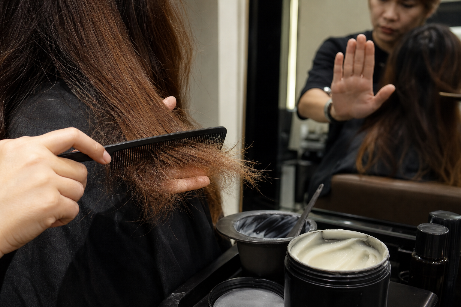 Thợ đang chải phần đuôi tóc khô xơ của khách trong salon, bên cạnh là các hũ sản phẩm chăm sóc và gương soi