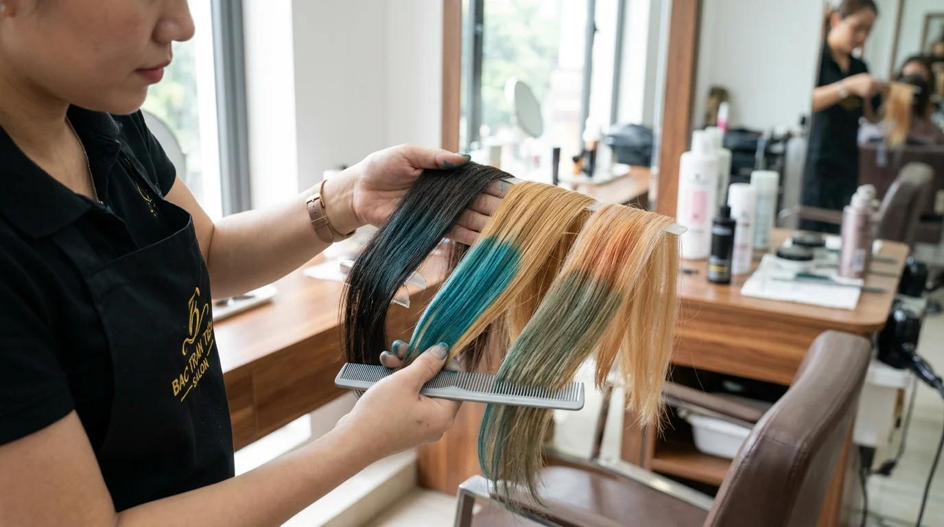 Thợ làm tóc đang cầm các lọn tóc nhuộm nhiều màu như xanh, đen và vàng trong salon, thể hiện màu tóc sáng tạo