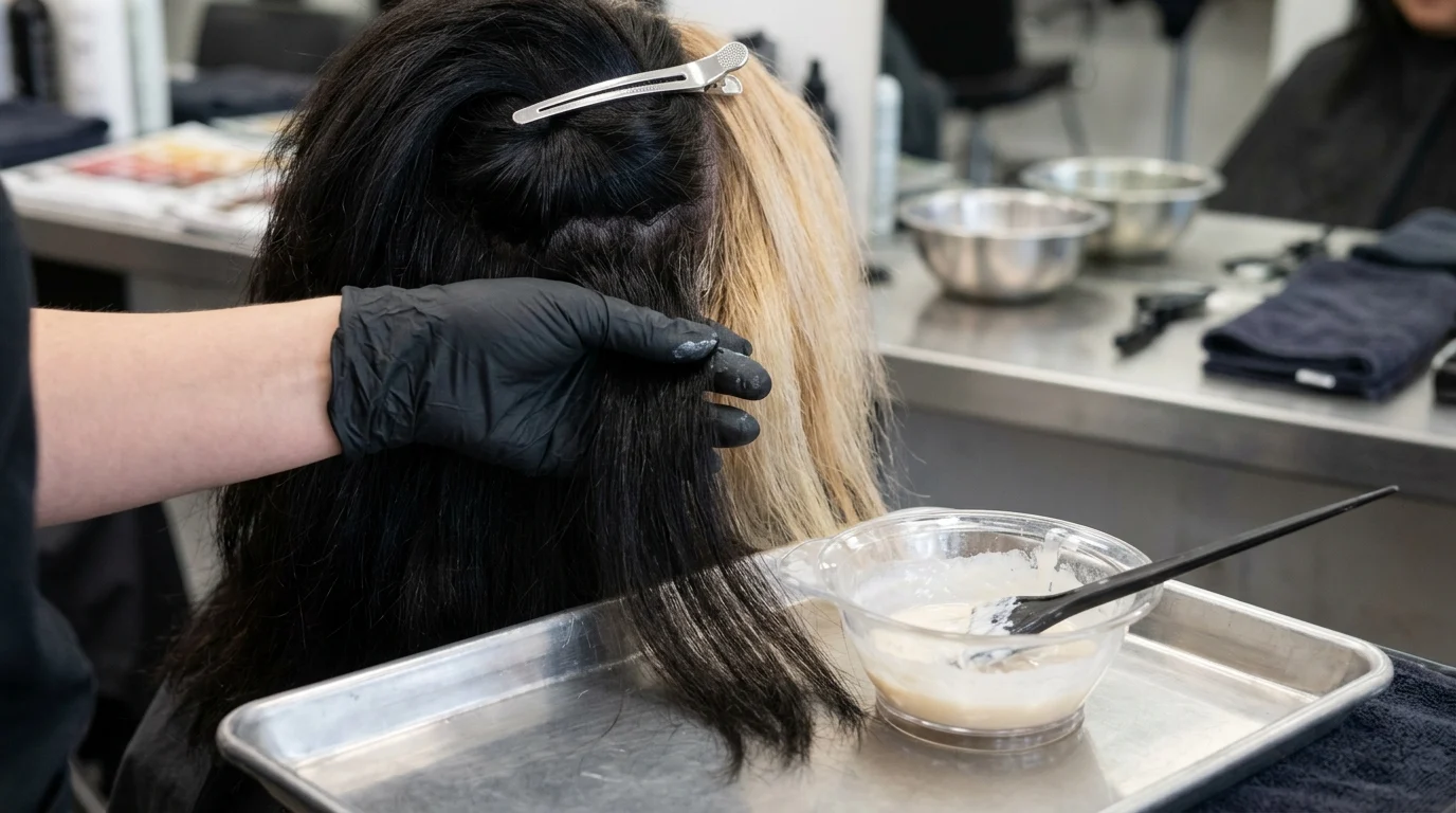 Thợ làm tóc đang chia tóc cho khách với kẹp và găng tay đen, bên cạnh là bát thuốc nhuộm trong salon