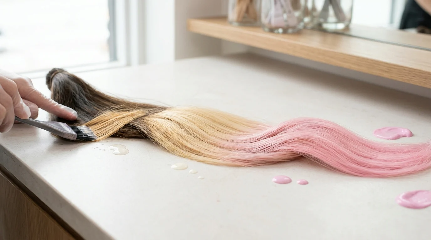 Bàn tay đang quét thuốc lên lọn tóc chia ba tông từ nâu sẫm sang vàng sáng rồi hồng pastel, màu tóc sáng tạo
