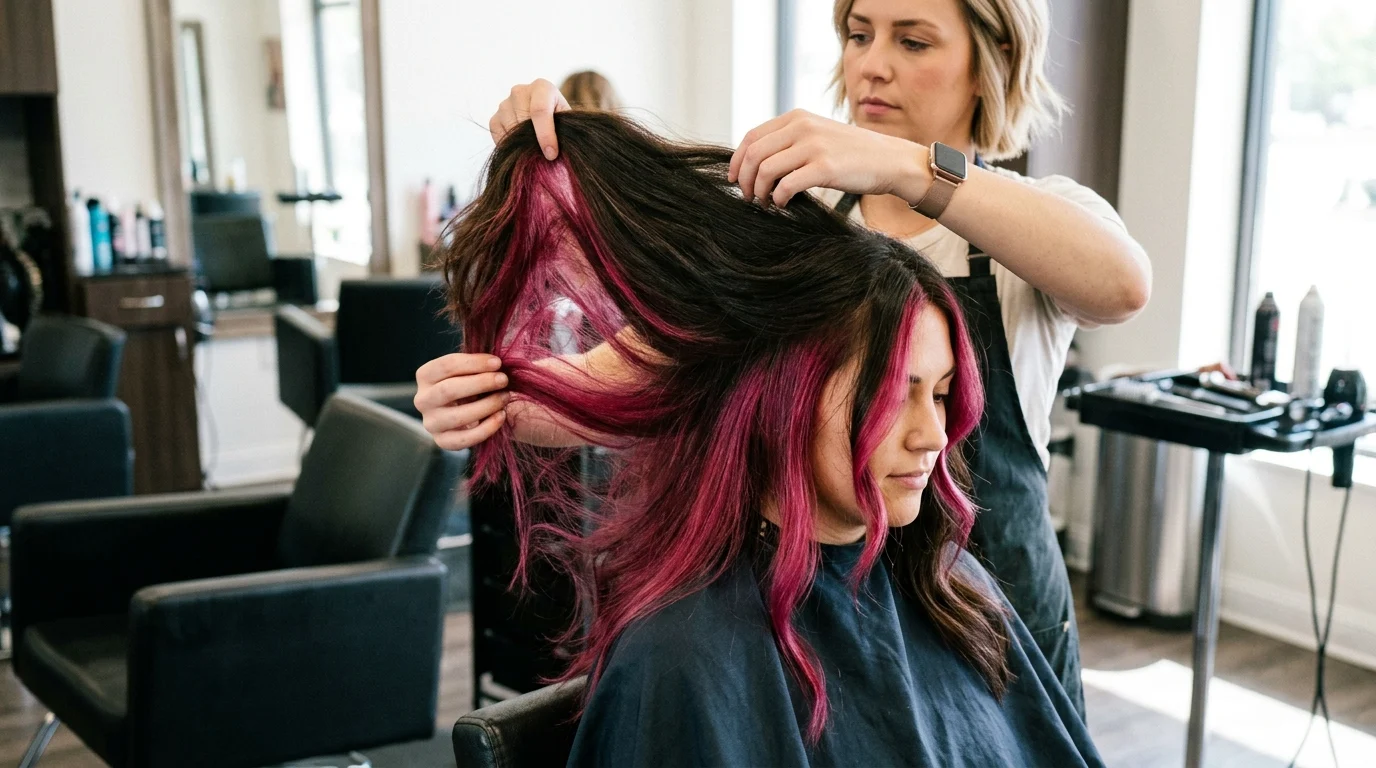 Thợ làm tóc đang nâng lớp tóc nhuộm hồng đen của khách trong salon để kiểm tra phần màu nổi bật bên dưới.