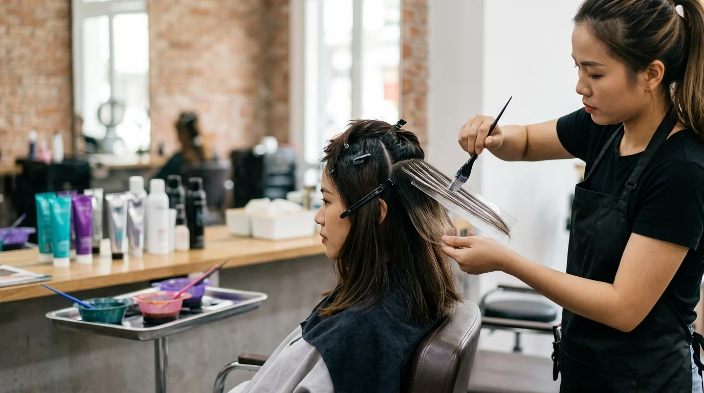 Thợ làm tóc đang quét thuốc lên một lọn tóc được tách riêng, khách ngồi trên ghế trong salon, màu tóc sáng tạo ở phần highlight.