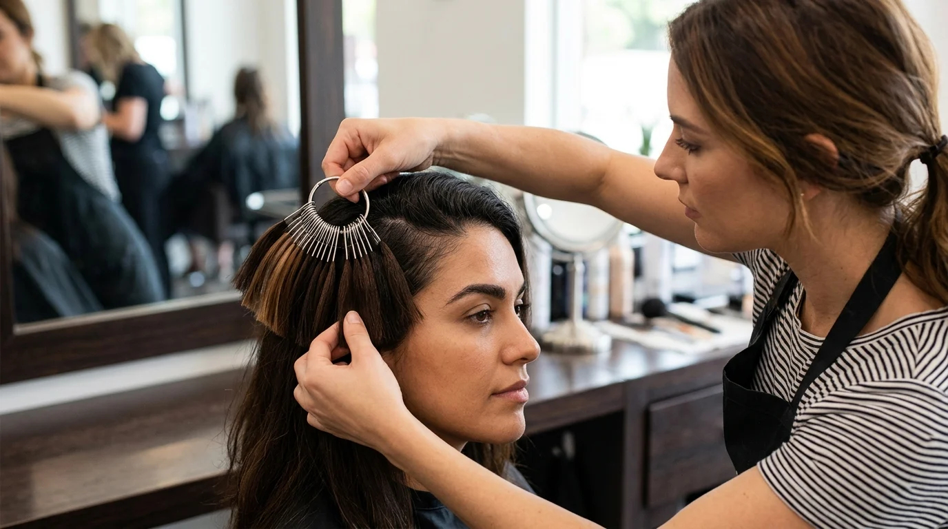 Thợ làm tóc đang so màu tóc nhuộm sáng da trên từng lọn tóc của khách trong salon