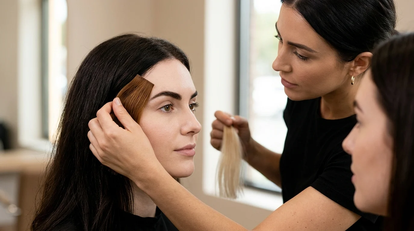 Người thợ làm tóc đang so màu tóc nhuộm sáng da trên mái tóc của một phụ nữ trong salon