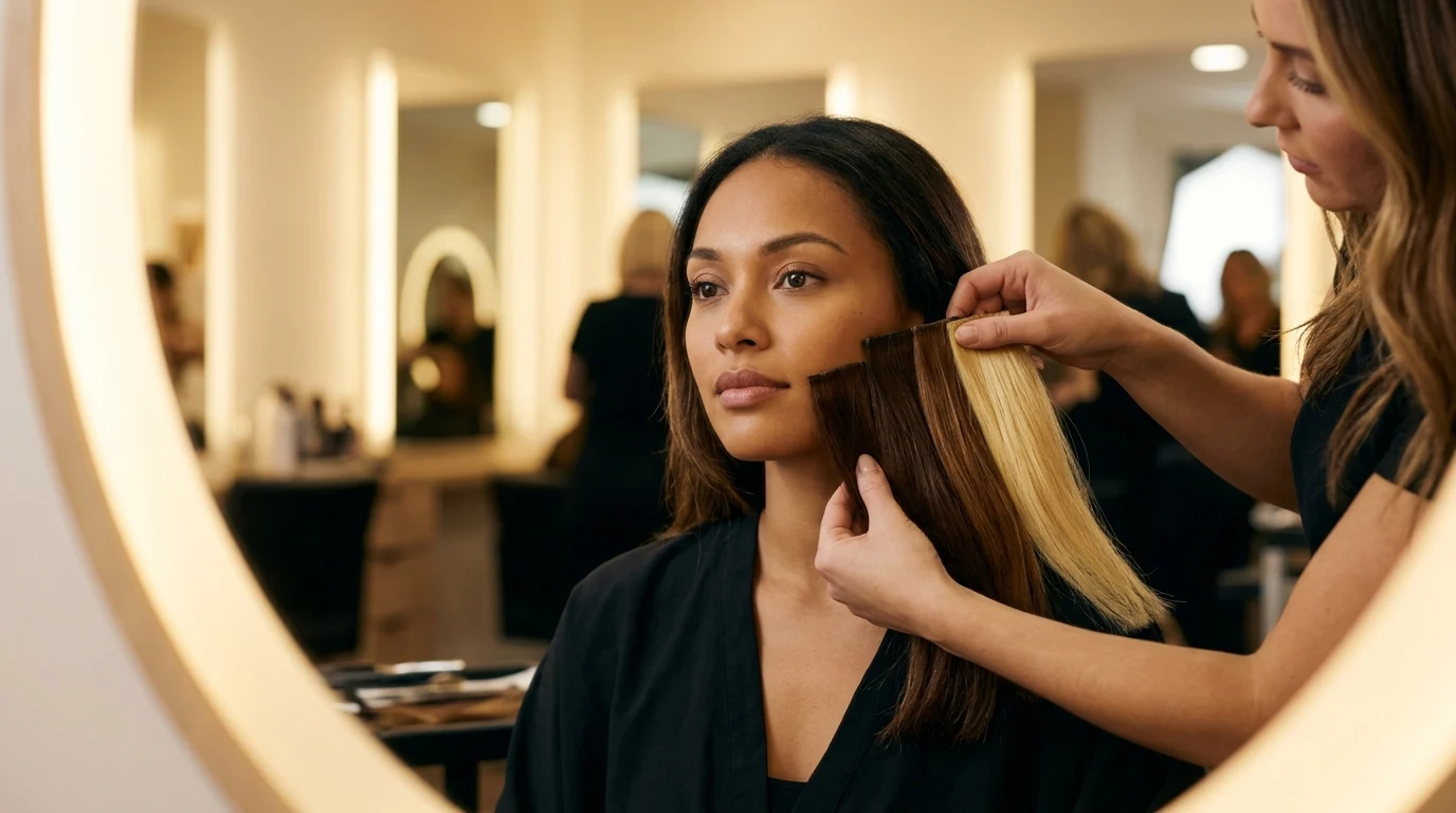 Khách hàng ngồi trong salon khi thợ tóc cầm các mẫu tóc nhuộm sáng da để so màu trên tóc thật
