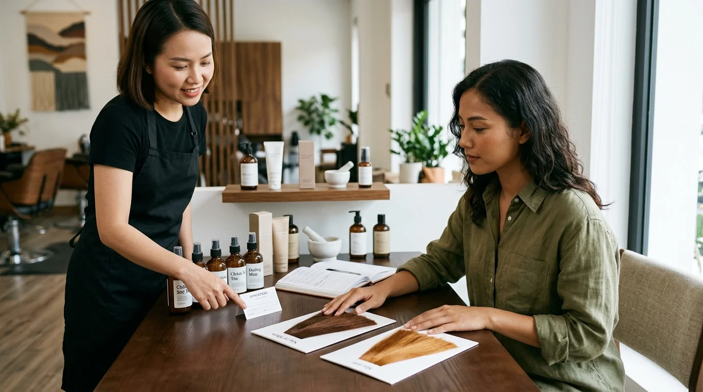 Hai phụ nữ đang xem các mẫu tóc nhuộm trên bàn trong một không gian tư vấn salon tóc.