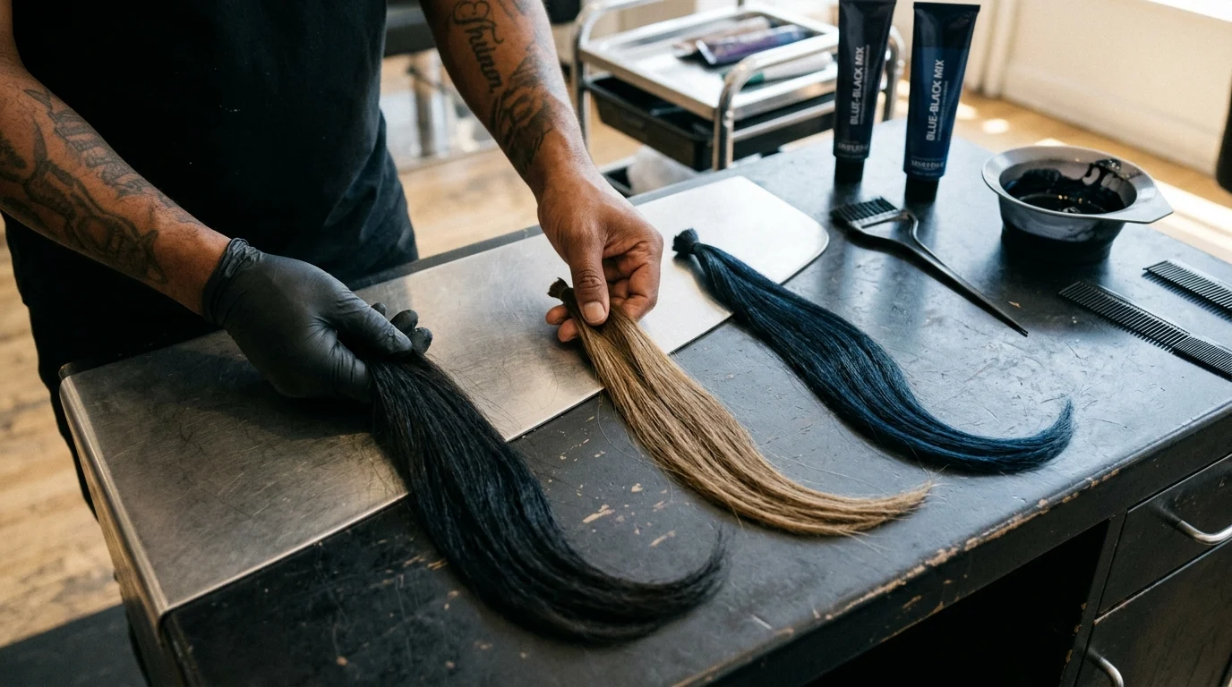 Thợ tóc cầm ba lọn tóc nhuộm màu đen, nâu và xanh đen trên bàn làm việc trong salon