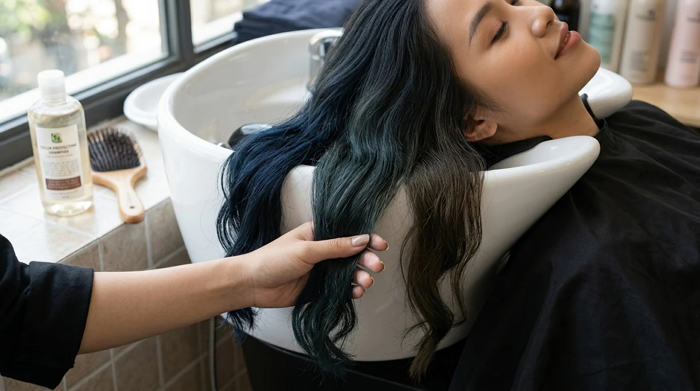 Một người đang nằm ngửa tại bồn gội đầu với mái tóc xanh đen được giữ và vuốt xuống, cạnh có lược và chai sản phẩm tóc.
