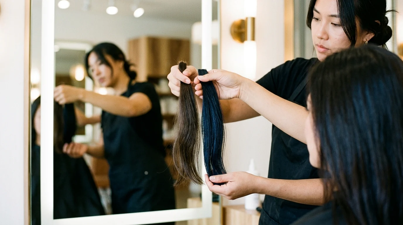 Người phụ nữ cầm hai lọn tóc màu nâu đen và xanh đen để so sánh trong gương tại salon.